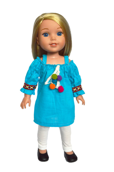Summer Blue Tunic Outfit with Leggings Fits 14.5 Inch Wellie Wisher Dolls