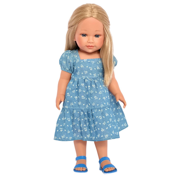 Light Denim Maxi Dress with Delicate Little Flowers for 18 Inch Dolls