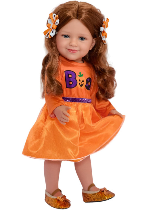 18 Inch Doll Clothes- Orange Halloween Outfit with Barrettes and Shoes