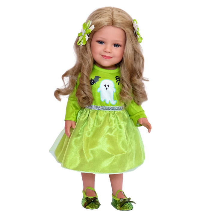 18 Inch Doll Clothes- Green Halloween Set with Barrettes and Shoes