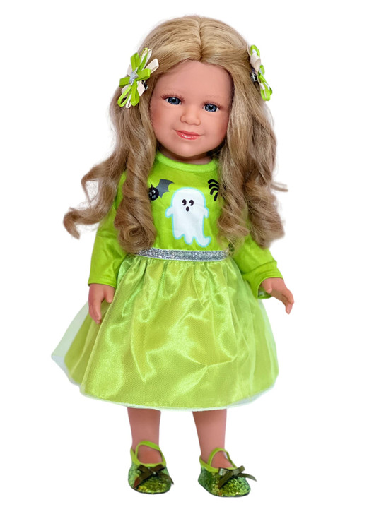 18 Inch Doll Clothes- Green Halloween Set with Barrettes and Shoes