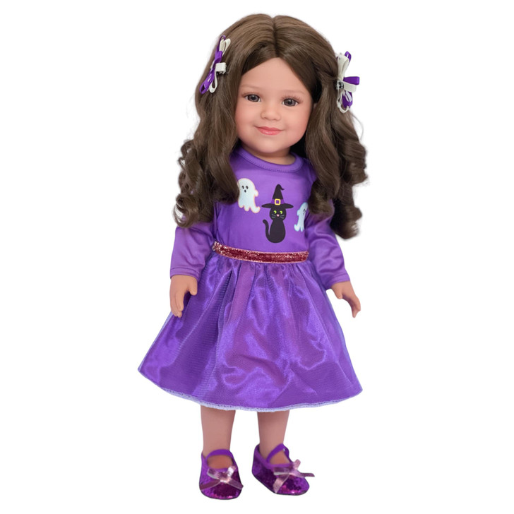 18 Inch Doll Clothes- Purple Halloween Outfit with Hair Barrettes and Shoes
