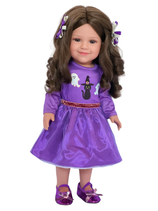 18 Inch Doll Clothes- Purple Halloween Outfit with Hair Barrettes and Shoes