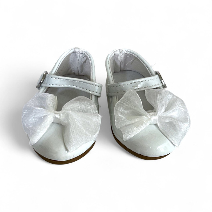18 Inch Doll Shoes – White Patent Dress Shoes with Organza Bow | Fits Kennedy and Friends® & American Girl®