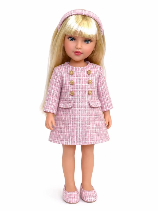 Evia's World® 14-inch doll wearing a pink tweed coat dress with matching headband, ballet flats, and white handbag. Boutique-style doll outfit fits Evia's World®, Lorelei and Friends®, and other compatible 14-inch fashion dolls including Paola Reina® dolls. Classic designer-inspired doll clothing for collectors and imaginative play.