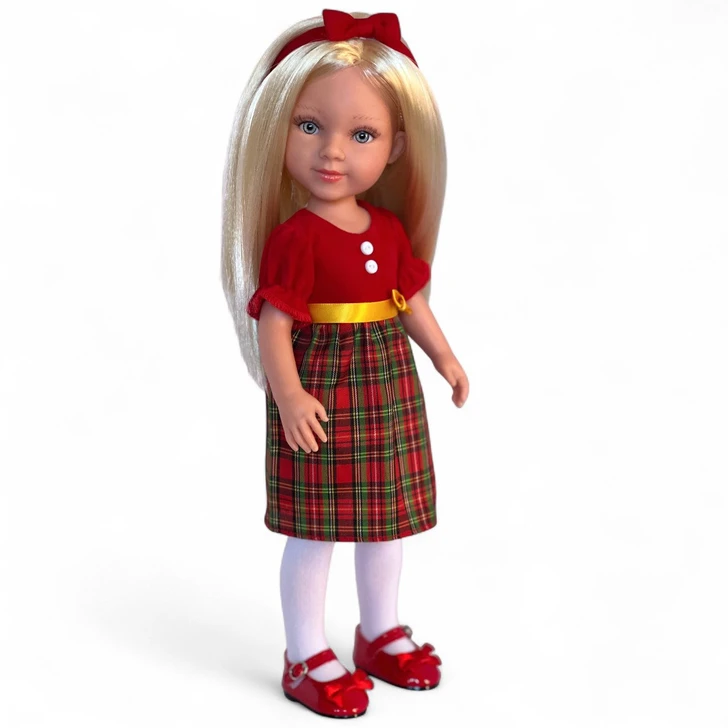 Evia's World® Holiday Plaid Dress Outfit for 12.5-Inch Dolls- Includes Dress, Shoes, Tights, Headband and Underwear