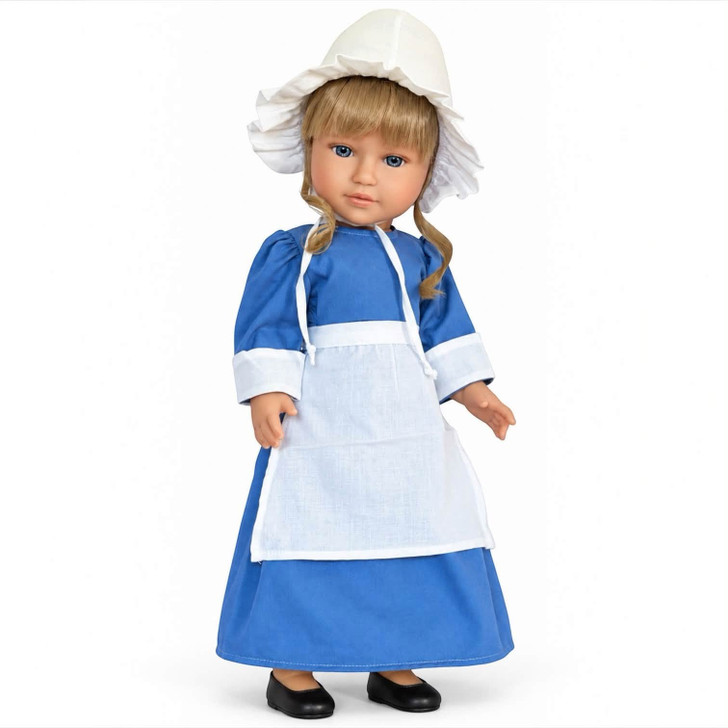 My Brittany’s blue Pilgrim outfit on a blonde 18-inch doll, with a white apron and ruffled bonnet beside a Mayflower illustration.