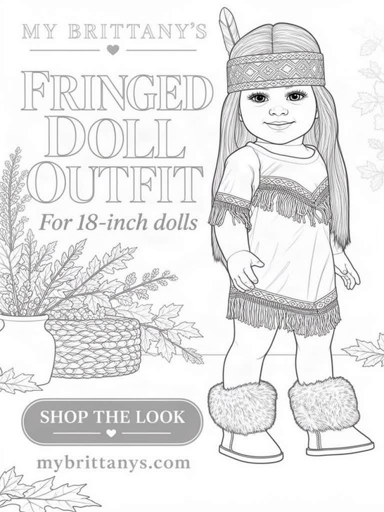 My Brittany’s coloring page showing an 18-inch doll in a fringed outfit, patterned headband with a feather, and furry boots, beside the words “Fringed Doll Outfit.”