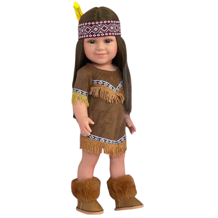 18-inch doll modeling a Native American-inspired brown fringe dress with geometric trim, a patterned headband, and brown boots. Yellow feather shown is not included.