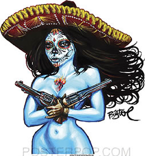 Artist BigToe Chica Termino Car Sticker Decal by Poster Pop. Mexican Day of the Dead Sexy Topless Blue Girl with Sombrero and Dual Pistols, Sacred Heart, and Muertos Sugar Skull Face Paint