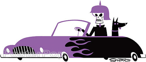 Artist Shag German Sports Sticker, Purple, Skeleton, Skull, Doberman, Dog, Josh Agle, Cartoon Image