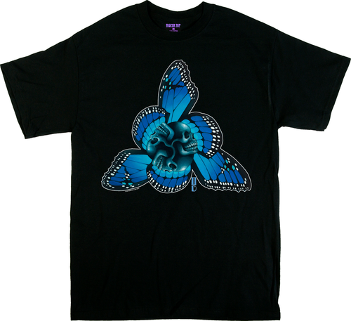 Gustavo Rimada Tres Puntos T Shirt, Blue Butterflies, Wings, Skulls