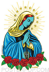 Artist Marco Almera Blue Mary Car Sticker Decal by Poster Pop. Holy Religious Mary Mother of Jesus Praying with Roses, Rosary and Halo