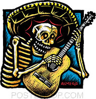 Almera Guitarro Sticker by Poster Pop. Mexican Day of the Dead Skeleton Skull with Sombrero Playing Guitar. Posada Art