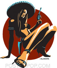 Artist Marco Almera Chica Peligrosa Car Sticker Decal by Poster Pop. Sexy Bikini Girl in a Mexican Sombrero with Pistol and High Heels.