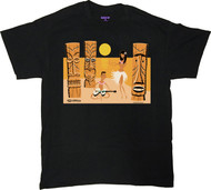 Shag Shag Tiki Beach T Shirt. Josh Agle Tiki, Hula Girl Guitar character on Beach with Sunset Design on Black Mens T-Shirt. Image