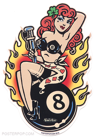 Vince Ray Classic Lady Luck Die Cut Poster Pop Sticker. Lucky Pinup on 8 Ball with 4 Leaf Clover, Monkey Wrench, Flames and Bra