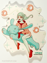 Artist Tara McPherson Bunny Rider Sticker. Girl Riding Bunny Space with Wiggle Balloons.