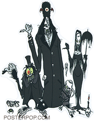 Artist Eric Pigors Hitchkiking Ghouls Sticker, Hitch Hiking Ghosts, Disney, Parody, Haunted Mansion Ride, Monster, Cartoon, Funny, Humor, Morticia, Umbrella, Thumbs, Thumbing