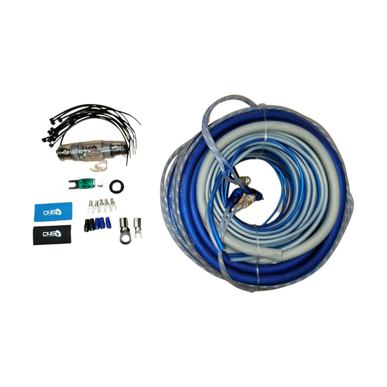 DOWN4SOUND 4 GAUGE SILVER TINNED OFC AMPLIFIER INSTALL KIT ( BLUE/CLEAR )