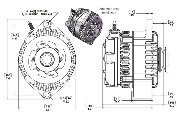 Mechman Marine 170 Amp High Output Alternator For Ski / Wake Board Boats With 12SI 6.61 Inch Bolt Pattern 6-Grove Serpentine Pulley