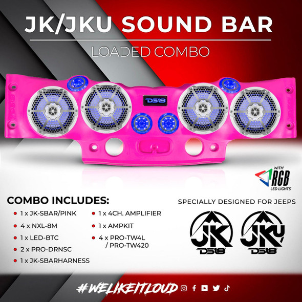 DS18 Audio DS18 Jeep JK/JKU Plug and Play Loaded Sound Bar Combo with Metal Grill Speakers