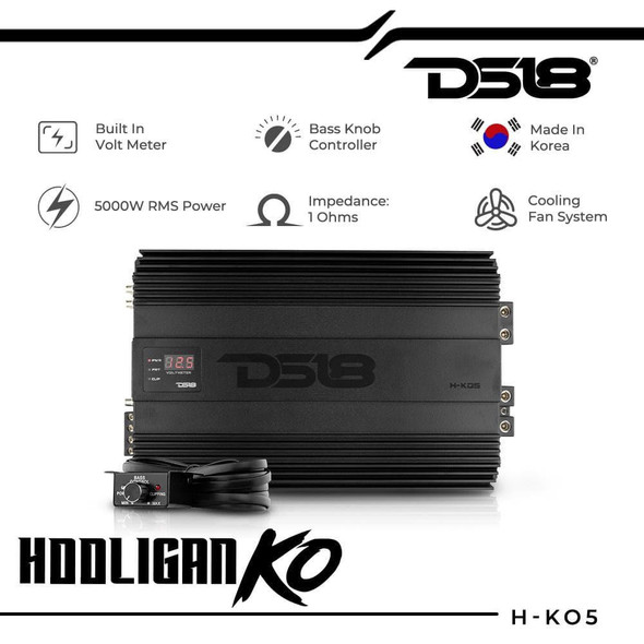 DS18 Audio DS18 H-KO5 HOOLIGAN SPL 1-Channel Monoblock Car Amplifier, Voltmeter, Clip Indicator 5000 Watts Rms 1-Ohm Made In Korea