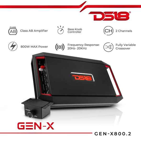 DS18 Audio DS18 GEN-X800.2 Full-Range Class AB 2-Channel Amplifier 800 Watts