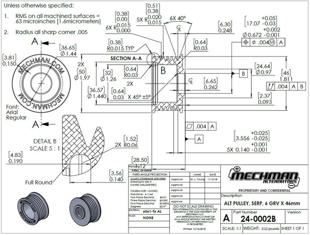 Mechman 46mm 6 Rib Serpentine Pulley - Hard Anodized Aluminum