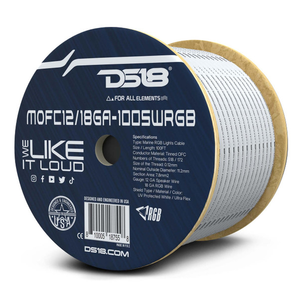 DS18 Audio DS18 HYDRO MOFC12/18GA-100SWRGB Marine Tinned 100percent Copper OFC 18-GA RGB LED Wires with 12-GA Speaker Wires 100 Feet