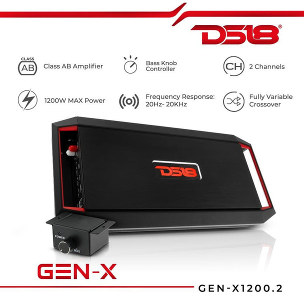 DS18 Audio DS18 GEN-X1200.2 Full-Range Class AB 2-Channel Amplifier 1200 Watts