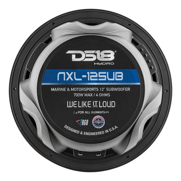 DS18 Audio DS18 HYDRO NXL-12SUB/BK 12 Marine Water Resistant Subwoofer with Integrated RGB Lights 700 Watts SVC 4-Ohm - Black