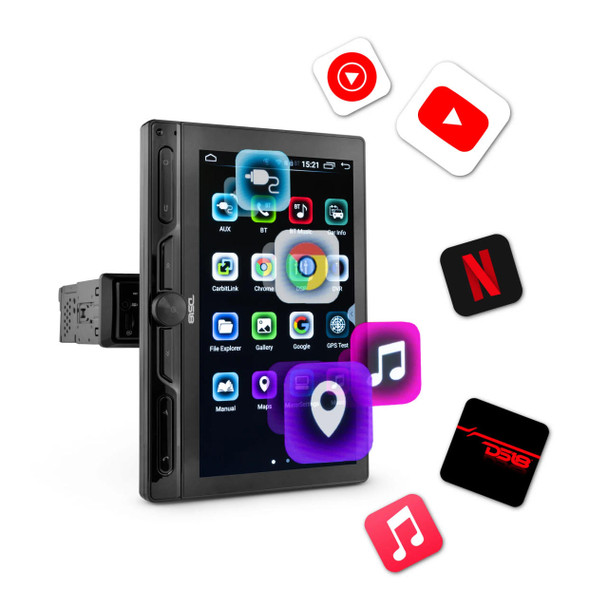 DS18 Audio 10.5" Floating Rotating Swivel Modular Touchscreen Mechless Single-DIN Headunit with Bluetooth, Mirror Link, USB, Gps and Android 10 (4x64GB) 
