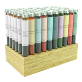 Heaven Scent 60-hole bamboo counter-top display stand filled with glass incense vials featuring colourful labels.