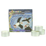 Wholesale, winter illustrated box of 9 tealight candles made with natural, soy, vegan wax and fragrance & essential oils. Aroma: Sea Moss, Jasmine & Pine, Illustration:  Puffins in a night time harbour scene