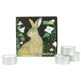 Wholesale, winter illustrated box of 9 tealight candles made with natural, soy, vegan wax and fragrance & essential oils. Aroma: Black Cherry & Almond, Illustration:  Hare and ivy