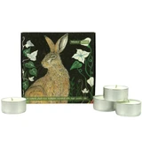 Wholesale, winter illustrated box of 9 tealight candles made with natural, soy, vegan wax and fragrance & essential oils. Aroma: Winter Scent, Illustration:  Hare and ivy