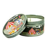 100ml natural vegan soy wax candle in a metal tin featuring a vintage circus illustration with a Blackcurrant, Cedar and Vanilla aroma.