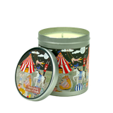 200ml natural vegan soy wax candle in a metal tin featuring a vintage circus illustration with a Blackcurrant, Cedar and Vanilla aroma.