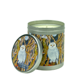 200ml natural vegan soy wax candle in a metal tin featuring an illustrated snowy owl design with a Green Oakwood and Cedar aroma.