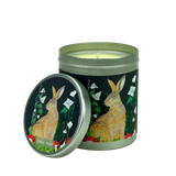 200ml natural vegan soy wax candle in a metal tin featuring an illustrated winter hare and woodland design with a Winter Scent aroma.
