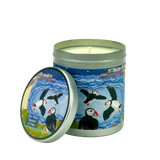 200ml natural vegan soy wax candle in a metal tin featuring a coastal puffin illustration with a Sea Moss, Jasmine and Pine aroma.