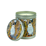 200ml natural vegan soy wax candle in a metal tin featuring an illustrated snowy owl design with a Nutmeg, Orange & Cinnamon