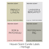 Heaven Scent Wholesale, bespoke label 100ml lidded silver travel tin boxed candle made with natural, soy, vegan wax & fragrance/essential oils. Heritage Style - Heaven Scent Branded Candle Labels