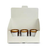 Heaven Scent wholesale, bespoke label 3 votive gift box amber glass candles made with natural, soy, vegan wax and fragrance & essential oils