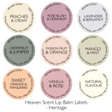 Heaven Scent 10ml Organic Base Lip Balms are made in Britain. They are blended with delicious flavoured oils and Melissa Oils. Heritage Style - Heaven Scent Branded Candle Labels