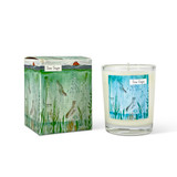 Wholesale, coastal illustrated box/label 9cl clear glass votive candle made with natural, soy, vegan wax and fragrance & essential oils. Aroma: Sea Sage. Illustration: Seal and Lifeboat