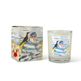 Wholesale, coastal illustrated box/label 9cl clear glass votive candle made with natural, soy, vegan wax and fragrance & essential oils. Aroma: Seafarer. Illustration: Fisherman & Cormorant