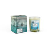 Wholesale, winter illustrated box/label 9cl clear glass votive candle made with natural, soy, vegan wax and fragrance & essential oils
 Aroma: Gold, Frankincense & Myrrh. Illustration: Cottage & Winter Trees
