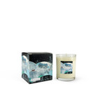 Wholesale, winter illustrated box/label 20cl clear glass votive candle made with natural, soy, vegan wax and fragrance & essential oils. Aroma: Winter Scent. Illustration: Cottages, Snow & Fox